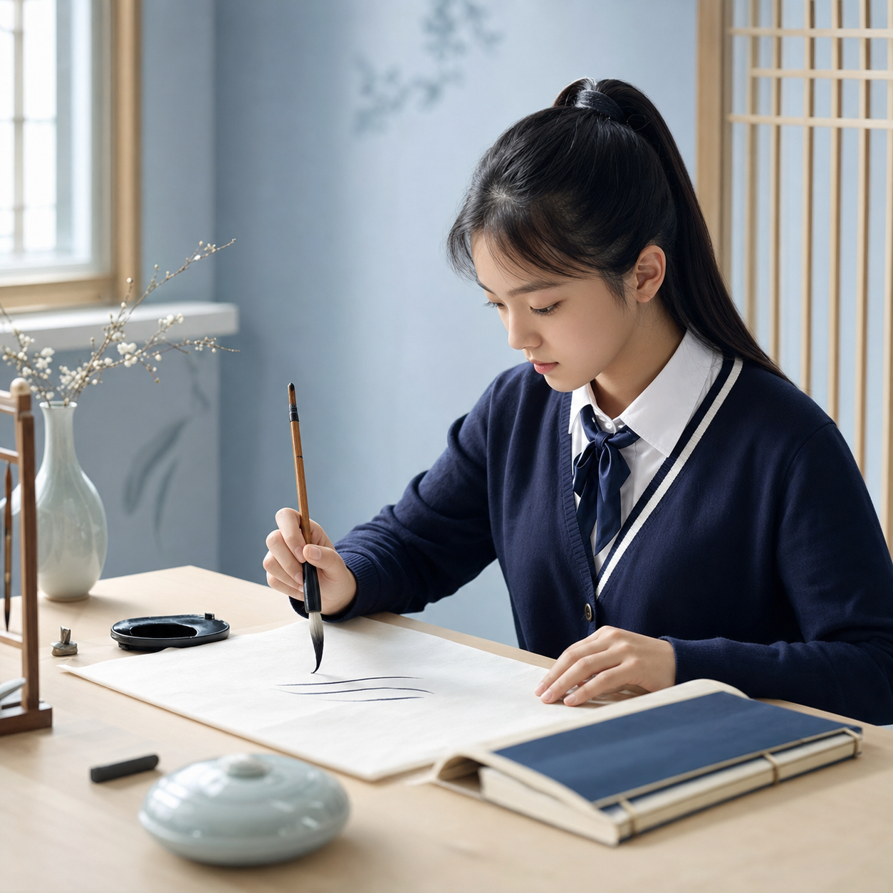 学生在明亮的学习空间练习毛笔书写