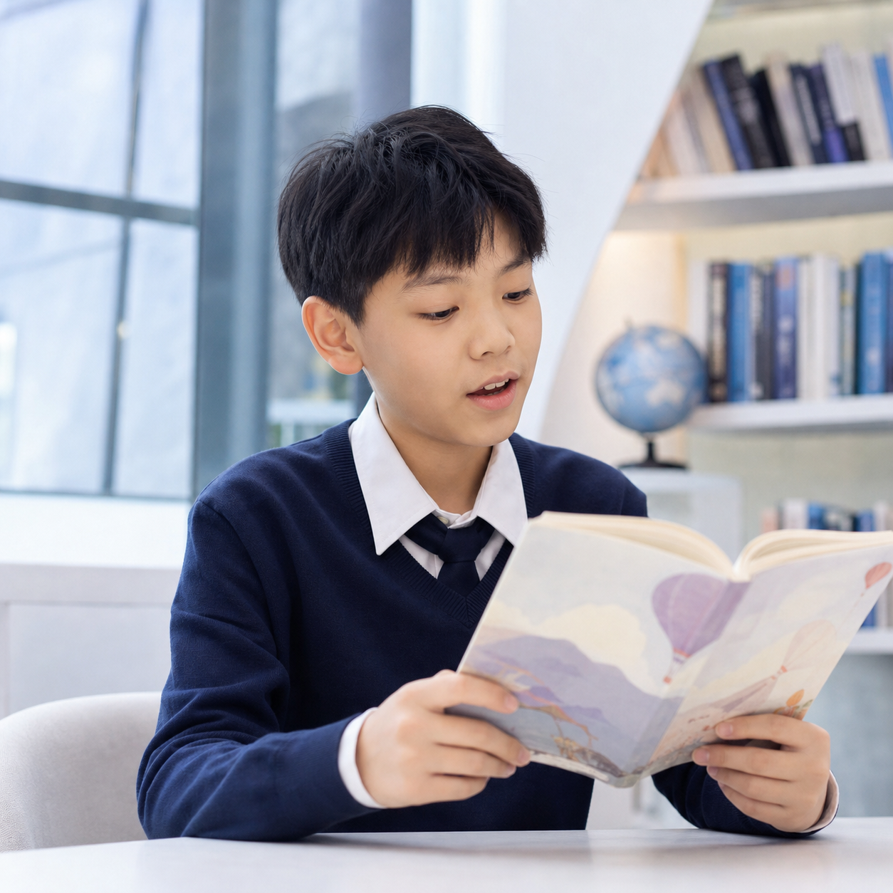 学生在现代图书馆进行英语朗读练习